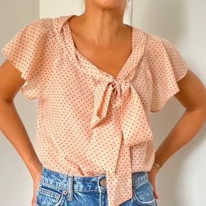 Beige pink dot top with front bow tie